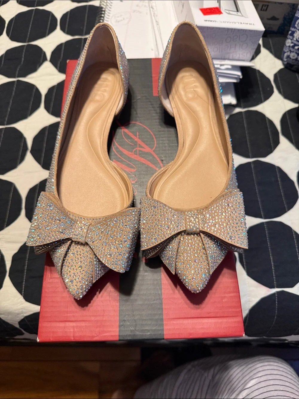 INC International Concepts Nude Rhinestone Bow Pointed Flats